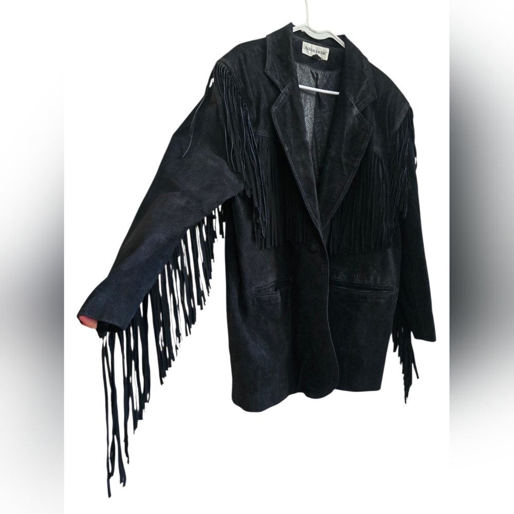 Vintage Adrian Jordan Black Suede Fringe Jacket - Western Boho - Size 14/16